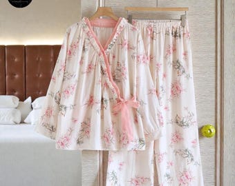 Cotton Gauze Lounge Set Women, Boho Two Piece PJs, Diagonal Collar Long Sleeve Top Pants, Lightweight Summer Loungewear, Printed Pajamas Fit