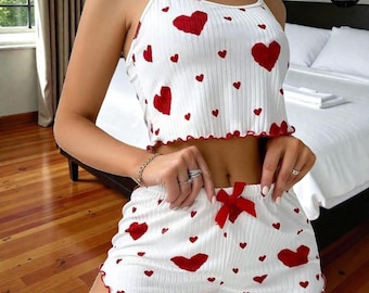 Knitted Heart Print Pajama Top Set Women, Sweet Suspender Sleepwear  Shorts, Summer Lounge Outfit, Soft Feminine Nightwear, Cute Home Wear