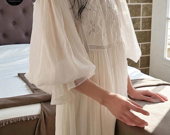 Camisón de algodón bordado vintage, camisón largo victoriano, pijama estilo cottagecore, ropa de dormir nupcial modesta para primavera y otoño.