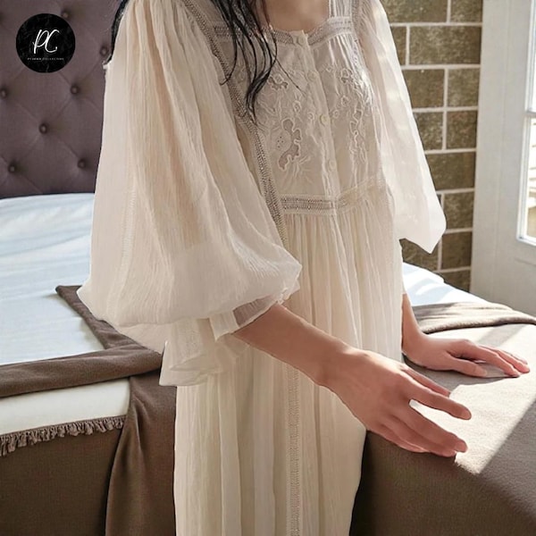 Vintage Besticktes Baumwolle Nachthemd, Viktorianisches Langes Lounge Nachthemd, Cottagecore Schlaf Kleid Pyjama, Braut Modest Nachtwäsche