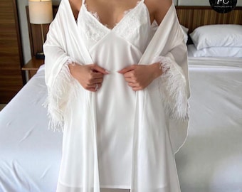 Satin Feather Nightgown Set, Luxury Sleepwear Womens PJs, Two Piece Loungewear, Elegant White Pajama Outfit, Soft Silky Bridal Night Dress