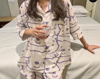 和風カーディガンパジャマセット、レディース夏用寝間着、かわいいツーピースラウンジショーツセット、かわいいパジャマスーツ、軽量ホームウェア