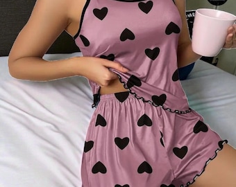 Conjunto de pijama de verano para mujer, top de tirantes y shorts con estampado de amor, ropa de dormir informal de dos piezas, ropa de estar por casa, ropa de dormir linda, transpirable y ligera.