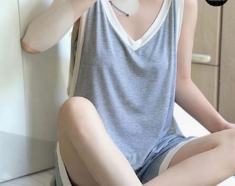 Women Summer Pajama Set, Cotton Sleeveless Shorts Loungewear, Lightweight Sleepwear, Soft Home Clothes, Home Clothes Casual Nightwear Outfit