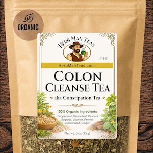 May include: A brown paper pouch of Herb Man Teas Colon Cleanse Tea with a label featuring a man holding a green mug. The label lists ingredients including peppermint, senna leaf, cascara sagrada, licorice, fennel, cumin seed, and ginger. Net wt. 3 oz.