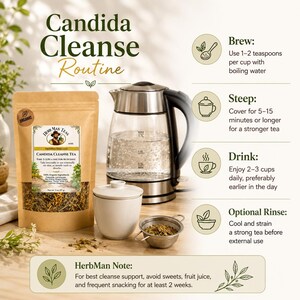 May include: A Candida Cleanse Routine infographic featuring a brown pouch of Herb Man Teas, a glass electric kettle, a white lidded cup, and a metal tea strainer. Text includes brewing, steeping, and drinking instructions, plus a HerbMan Note.