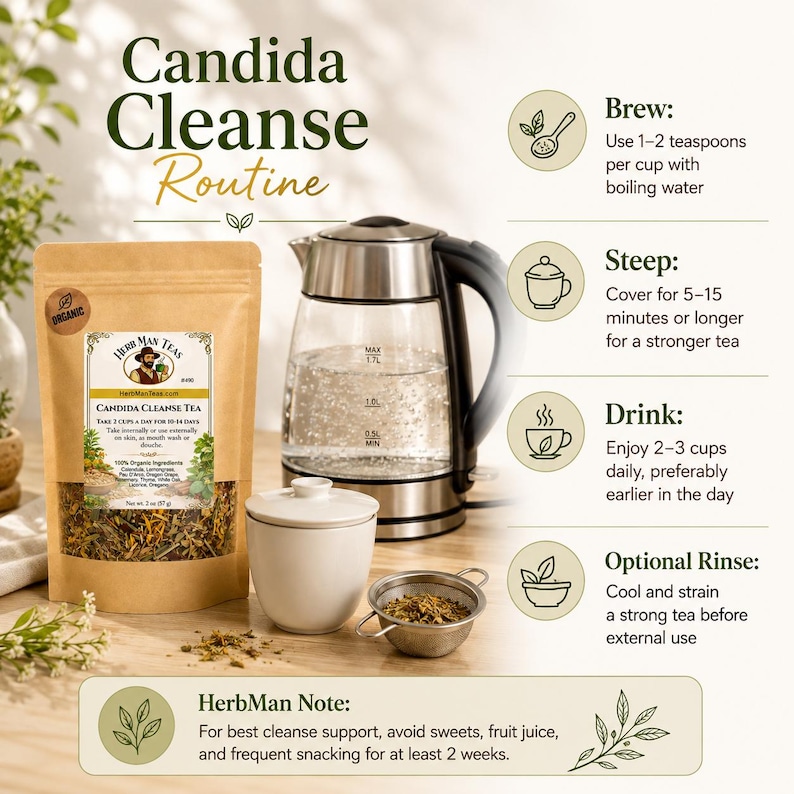 May include: A Candida Cleanse Routine infographic featuring a brown pouch of Herb Man Teas, a glass electric kettle, a white lidded cup, and a metal tea strainer. Text includes brewing, steeping, and drinking instructions, plus a HerbMan Note.