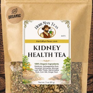 May include: A brown paper pouch of Herb Man Teas Kidney Health Tea with a label featuring a man holding a green cup, the text 100% Organic Ingredients, a list of herbs including Gokshura and Ashwagandha, and a net weight of 3 oz (85 g).