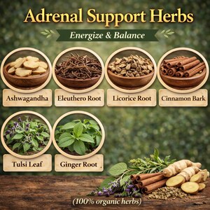 Puede incluir: Imagen que muestra varias hierbas para el apoyo suprarrenal. La imagen presenta Ashwagandha, Eleuthero Root, Licorice Root, Cinnamon Bark, Tulsi Leaf y Ginger Root. El texto dice "Adrenal Support Herbs" y "Energize & Balance". La parte inferior de la imagen dice "(100% organic herbs)".