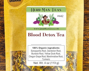 BLOOD DETOX TEA Premium Artisan Organic Tea for Clear Skin Support with Sarsaparilla, Burdock, Dandelion By Master Herbalist Khabir