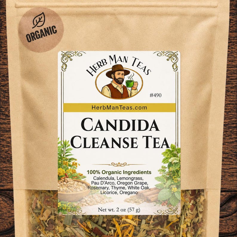 May include: A brown paper pouch of Herb Man Teas Candida Cleanse Tea with a net weight of 2 ounces. The label features an illustration of a person holding a green cup, the text 100% Organic Ingredients, and a list including calendula and lemongrass.
