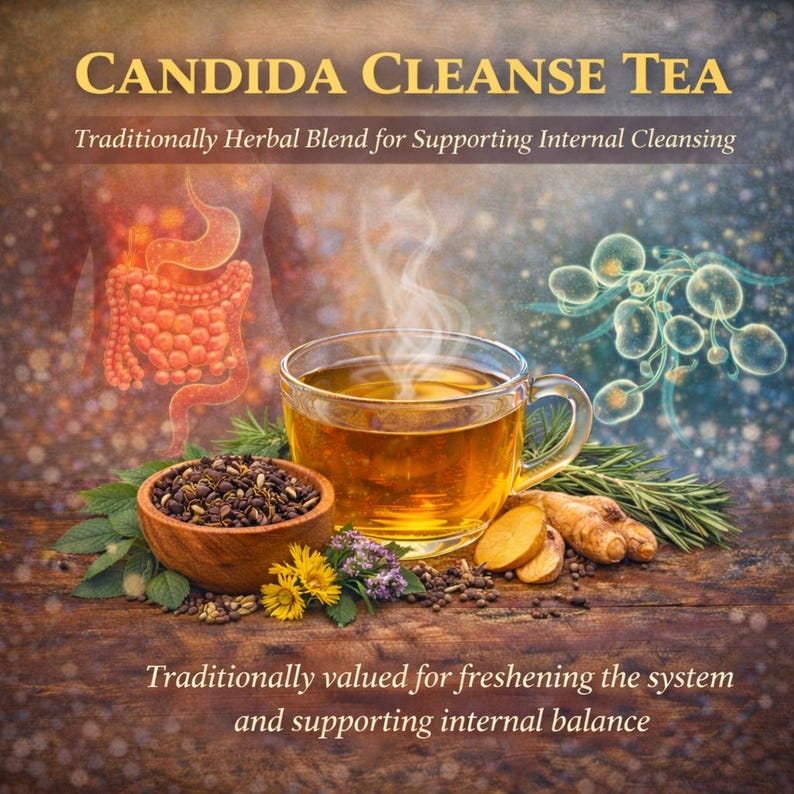 May include: A glass mug of steaming amber tea sits on a wooden surface next to a wooden bowl of dried herbs, fresh ginger root, and yellow flowers. The text reads CANDIDA CLEANSE TEA, Traditionally Herbal Blend for Supporting Internal Cleansing.
