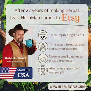 May include: A promotional graphic featuring a man in a brown hat and vest holding a teal mug. Text reads: After 27 years of making herbal teas, HerbMan comes to Etsy. Includes icons for 100% organic ingredients, small batches, and support.