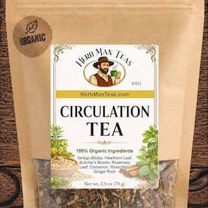 May include: A brown paper pouch of Herb Man Teas Circulation Tea with a label featuring an illustration of a person holding a green cup. The label lists organic ingredients including Ginkgo Biloba, Hawthorn Leaf, and Ginger Root, net wt. 2.5 oz.
