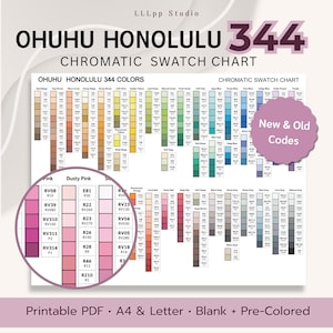 Può includere: Una tabella di campioni cromatici per i pennarelli Ohuhu Honolulu, con 344 colori. La tabella include campioni di colore, codici colore e il testo "New & Old Codes". Disponibile come PDF stampabile.