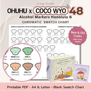 Könnte beinhalten: Eine druckbare chromatische Farbtabelle für das Ohuhu x Coco Wyo 48 Honolulu B Alkoholmarker-Set. Das Dokument enthält Reihen von bärenförmigen Umrissen zum Testen von Farben, inklusive Farbcodes und Namen, sowie eine Marker-Box und ein Buch.