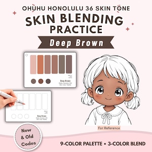 May include: Ohuhu Honolulu 36 Skin Tone Skin Blending Practice Deep Brown set featuring a colour palette card with six rectangular swatches and three circular swatches, a blank practice card, and an illustration of a character for reference.