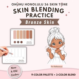 Puede incluir: Set Ohuhu Honolulu 36 Skin Tone Skin Blending Practice Bronze Skin que incluye dos paletas rectangulares con nueve muestras y tres círculos, además de una ilustración de un personaje con piel bronceada como referencia.