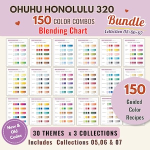 Ohuhu Blending Chart Bundle, Honolulu 320 | 150 Guided 3-Color Recipes, Collections 05-07, Blank + Completed PDF