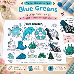 Ohuhu Honolulu 344 Blue Greens Color Chart, Illustrated Marker Swatch PDF