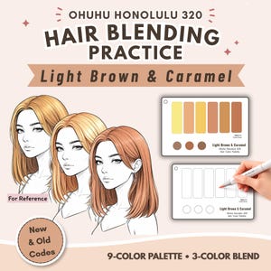 May include: Ohuhu Honolulu 320 Hair Blending Practice guide featuring three illustrated faces with light brown and caramel hair. Includes a 9-color palette chart, a 3-color blend chart, and a blank template for marker practice with color codes.
