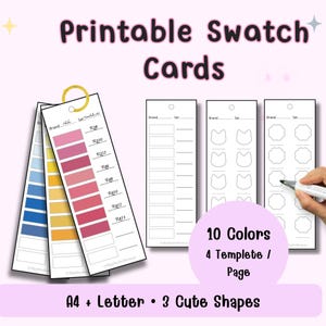 Puede incluir: Tarjetas de muestras imprimibles con muestras de color y plantillas. Las tarjetas incluyen degradados de color en azul, amarillo y rosa. El texto de las tarjetas dice "Printable Swatch Cards", "10 Colors", "4 Template / Page" y "A4 + Letter • 3 Cute Shapes".