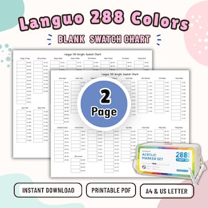 Op de afbeelding: Een tweepaginalang, printbaar PDF-document genaamd Languo 288 Colors Blank Swatch Chart. De witte vellen bevatten georganiseerde rasters met labels voor kleurcategorieën en individuele codes. Een rechthoekige set acrylmarkers is in de hoek afgebeeld.