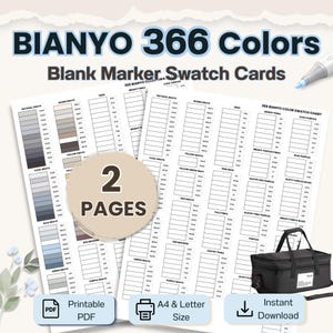 May include: Two pages of BIANYO 366 Colors Blank Marker Swatch Cards featuring organized grids for color testing. The white paper sheets include labeled categories for various color families, a black carrying case, and digital download icons.