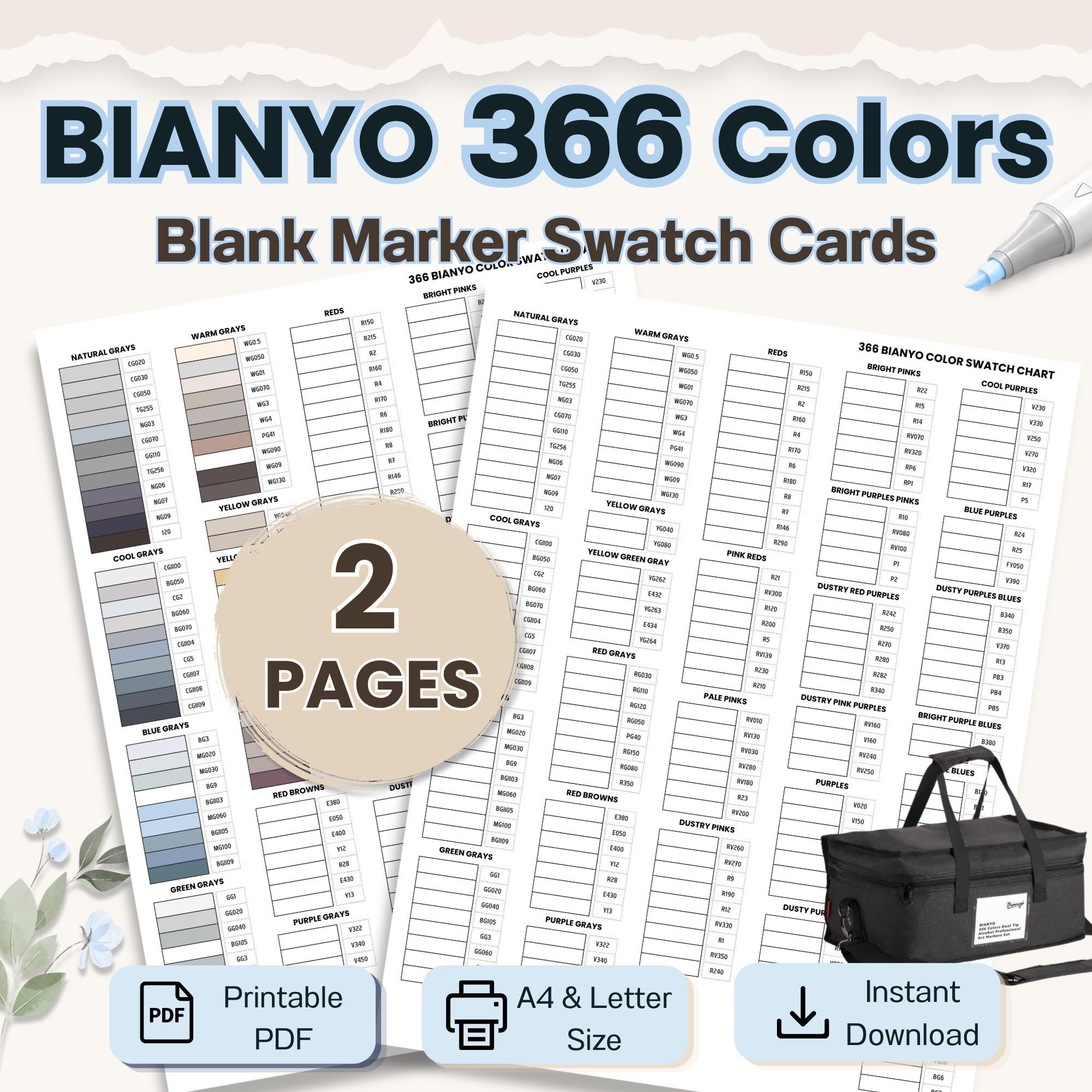 Bianyo 366 Color Swatch Chart Printable PDF, Blank With Codes Marker ...