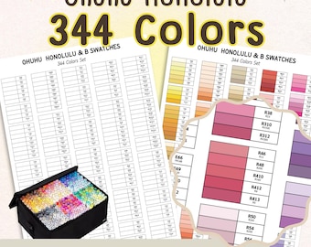 Ohuhu Honolulu 344 markeringskleurenkaart | Blanco en voorgevuld (digitale A4-download)