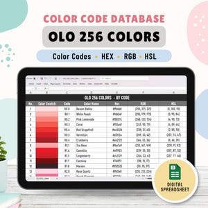 Op de afbeelding: Een digitale tablet met een Excel-spreadsheet getiteld OLO 256 COLORS - BY CODE. De tabel bevat kleurstalen, codes, namen en waarden voor HEX, RGB en HSL. Een ronde badge rechtsonder bevat de tekst DIGITAL SPREADSHEET.