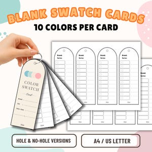 Può includere: Un set di schede campione vuote con design a parte superiore arcuata e dieci spazi colore per scheda. Le schede includono campi per marca, serie e codice colore. Disponibili in versioni con e senza foro, formato A4 e US Letter.