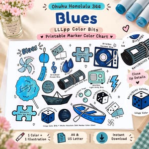 May include: A printable Ohuhu Honolulu 344 Blues marker color chart featuring various blue-themed illustrations like a paper boat, puzzle pieces, dice, and a radio. Each item is labeled with color codes and names like Cotton Candy Blue and Rich Slate Blue.