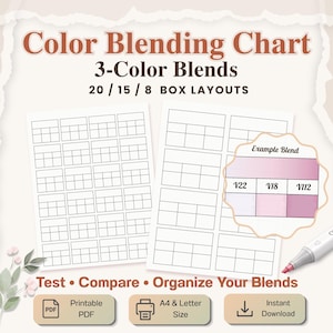 May include: Color blending chart with 3-colour blends and 20/15/8 box layouts. The chart includes an example blend and the text "Test • Compare • Organize Your Blends". Available in PDF format, A4 & Letter size, and for instant download.