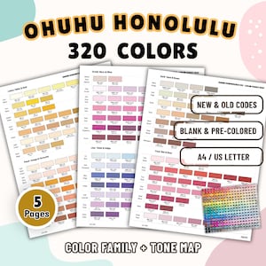 Op de afbeelding: Ohuhu Honolulu 320 kleuren kleurenfamilie- en toonkaartset met vijf pagina's met georganiseerde kleurstalen. De vellen tonen verschillende tinten, waaronder geel, goud, perzik, oranje, terracotta, orchidee, bes, wijn, aarde, zand, bruin, koraal, rood, roze, lila, violet en indigo.