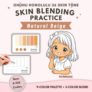 Puede incluir: Set Ohuhu Honolulu 36 Skin Tone Skin Blending Practice Natural Beige que incluye una paleta de 9 colores, una tabla de mezcla de 3 colores y una ilustración de personaje estilo anime como referencia. Incluye etiquetas de texto para códigos.