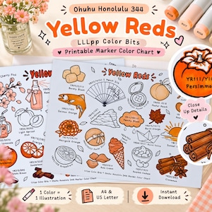 Puede incluir: Una carta de colores de marcadores imprimible titulada Ohuhu Honolulu 344 Yellow Reds con varias ilustraciones como un pez, abanico, helado y ramas de canela, etiquetadas con códigos y nombres de color.