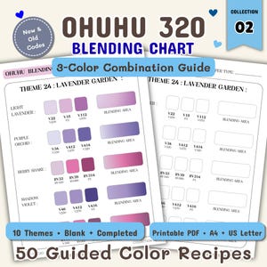 May include: Ohuhu 320 Blending Chart Collection 02, a 3-colour combination guide featuring 50 guided colour recipes. Includes blank and completed printable PDF templates in A4 and US Letter sizes, showcasing colour themes like Lavender Garden.