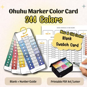 Puede incluir: Un juego de tarjetas de colores para marcadores Ohuhu, con 344 colores. La imagen muestra muestras de color, una tarjeta de muestra en blanco y un estuche para marcadores. El texto incluye "Ohuhu Marker Color Card" y "344 Colors". Incluye una guía de números en blanco e imprimible en PDF A4/Carta.