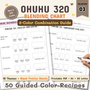 Peut inclure: Un tableau de mélange Ohuhu 320 présentant un guide de combinaison de 3 couleurs avec des thèmes comme Ocean Treasure et Midnight Galaxy. Les feuilles de papier blanc incluent des cases vides pour tester les couleurs et des codes.