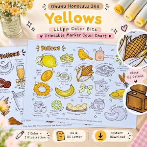 Puede incluir: Una carta de colores para marcadores imprimible titulada Ohuhu Honolulu 344 Yellows LLLpp Color Bits. La hoja presenta varias ilustraciones con temática amarilla, incluyendo un limón, girasol, plátano, maíz y una vela, etiquetadas con códigos de color.