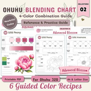 May include: An Ohuhu Blending Chart 4-Color Combination Guide for markers. The document features sections for Wild Peony and Wild Anemone, including color recipes, practice blend areas, and floral illustrations. It is labeled as Collection 02.