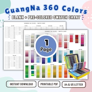 Op de afbeelding: Een GuangNa 360 kleurenkaart met lege en ingekleurde rasters voor het organiseren van markers. Het document bevat secties voor grijstinten, huidtinten, roze, rood, paars, blauw, groen, geel en oranje, beschikbaar als een printbaar PDF-bestand.