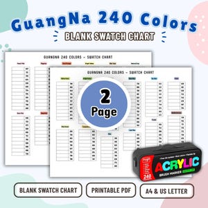 Può includere: Una tabella di campioni vuota GuangNa a 240 colori su due pagine in formato PDF stampabile A4 e US letter, con griglie organizzate per il tracciamento dei colori. Una custodia rettangolare nera con l'etichetta Acrylic Brush Marker 240 colors.