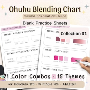 May include: A printable Ohuhu blending chart with 3-colour combinations guide and blank practice sheets. The chart includes 21 colour combos across 15 themes, such as Nature & Botanical and Candy Crush. The chart is designed for Honolulu 320, and is available in A4/Letter size.