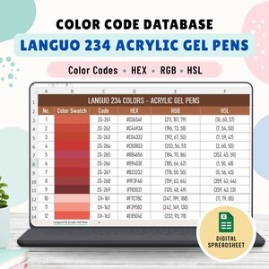 Può includere: Un foglio di calcolo digitale intitolato Color Code Database Languo 234 Acrylic Gel Pens visualizzato sullo schermo di un portatile. La tabella elenca campioni di colore con codici, HEX, RGB e valori HSL per dodici tonalità di rosso e rosa.