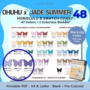 Könnte beinhalten: Eine Ohuhu x Jade Summer Honolulu B Farbtabelle mit 48 Schmetterlingssymbolen für 47 Farben und 1 farblosen Blender. Die Tabelle enthält Farbnamen, Codes und einen Vergrößerungskreis, der bestimmte violette Farbtöne hervorhebt.