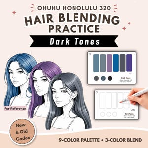 May include: Ohuhu Honolulu 320 Hair Blending Practice Dark Tones guide featuring three illustrated portraits with blue, purple, and gray hair. Includes a 9-color palette swatch card, a blank practice template, and a marker for color blending.