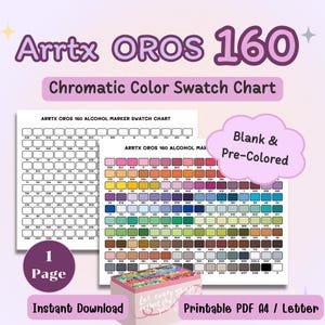 May include: A digital download of a chromatic colour swatch chart for Arrtx OROS 160 alcohol markers. Includes blank and pre-coloured charts, a box of markers, and text that reads "Instant Download" and "Printable PDF A4 / Letter".