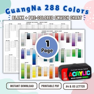 Peut inclure: Un nuancier GuangNa de 288 couleurs, vierge et pré-rempli, en format PDF imprimable A4 et US letter. Le tableau présente des grilles de couleurs organisées avec des étiquettes numériques. Un étui noir pour marqueurs acryliques est visible.